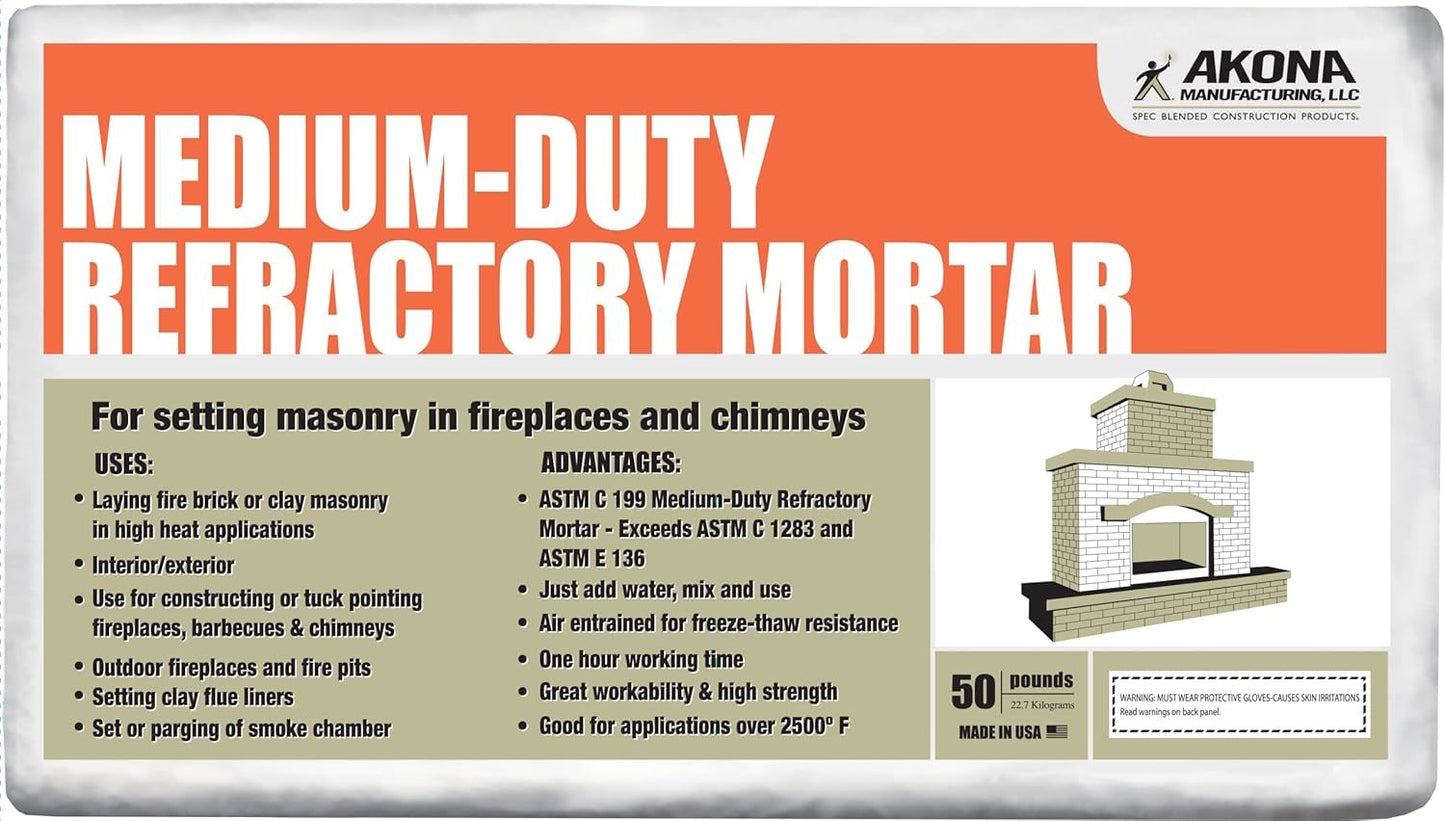 Medium Duty Refractory Mortar - High Temperature Mix for Fireplaces, Fire Pits,
