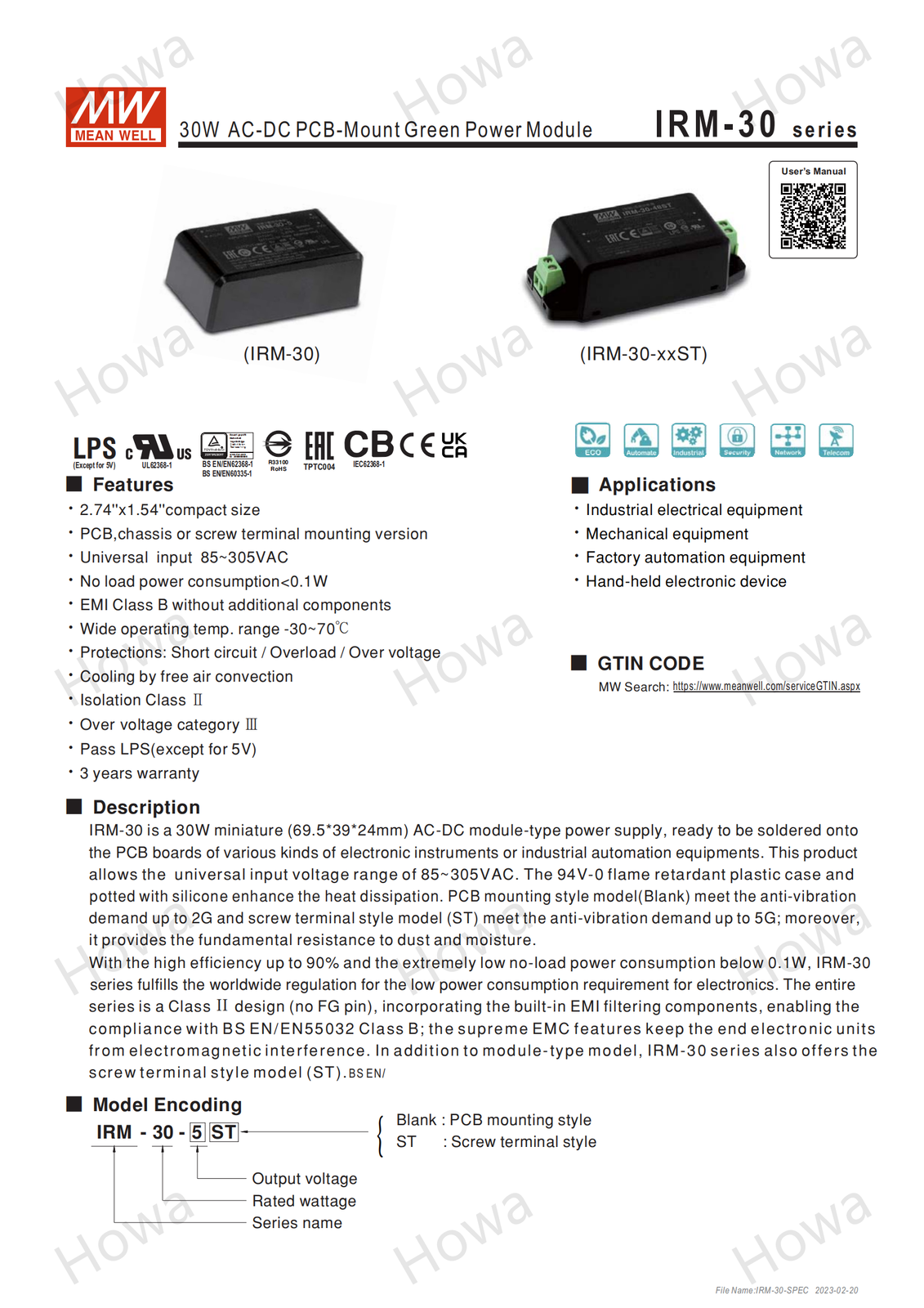 Mean Well IRM-30 switching power supply 3.3V5V9V12V24V pin type 30W AC-DC module