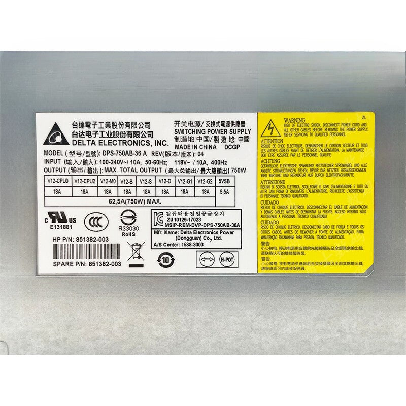 For HP Z4 G4 Z6 G4 Workstation DPS-750AB-36 A 750W Power Supply 851382-003