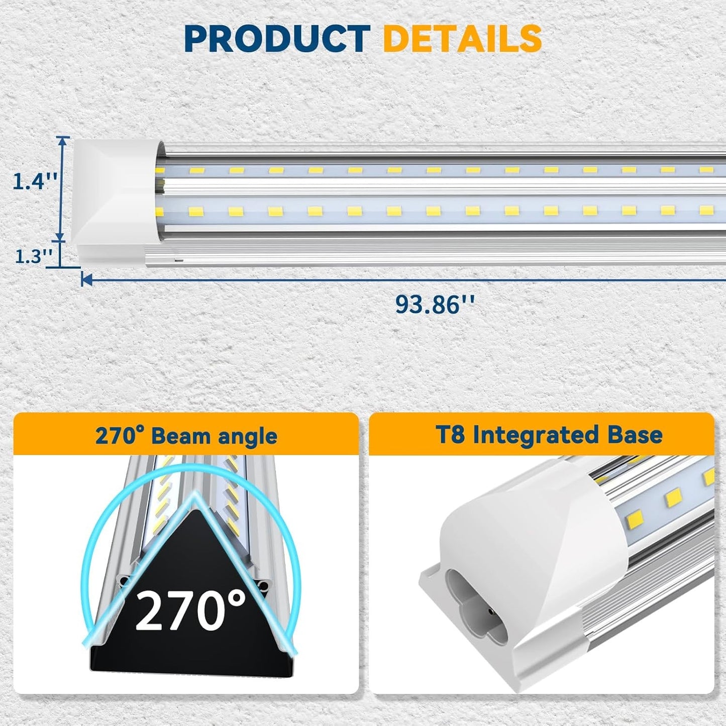 10-Pack 8FT 100W LED Shop Lights, 15000LM 6500K V-Shape Linkable Tubes