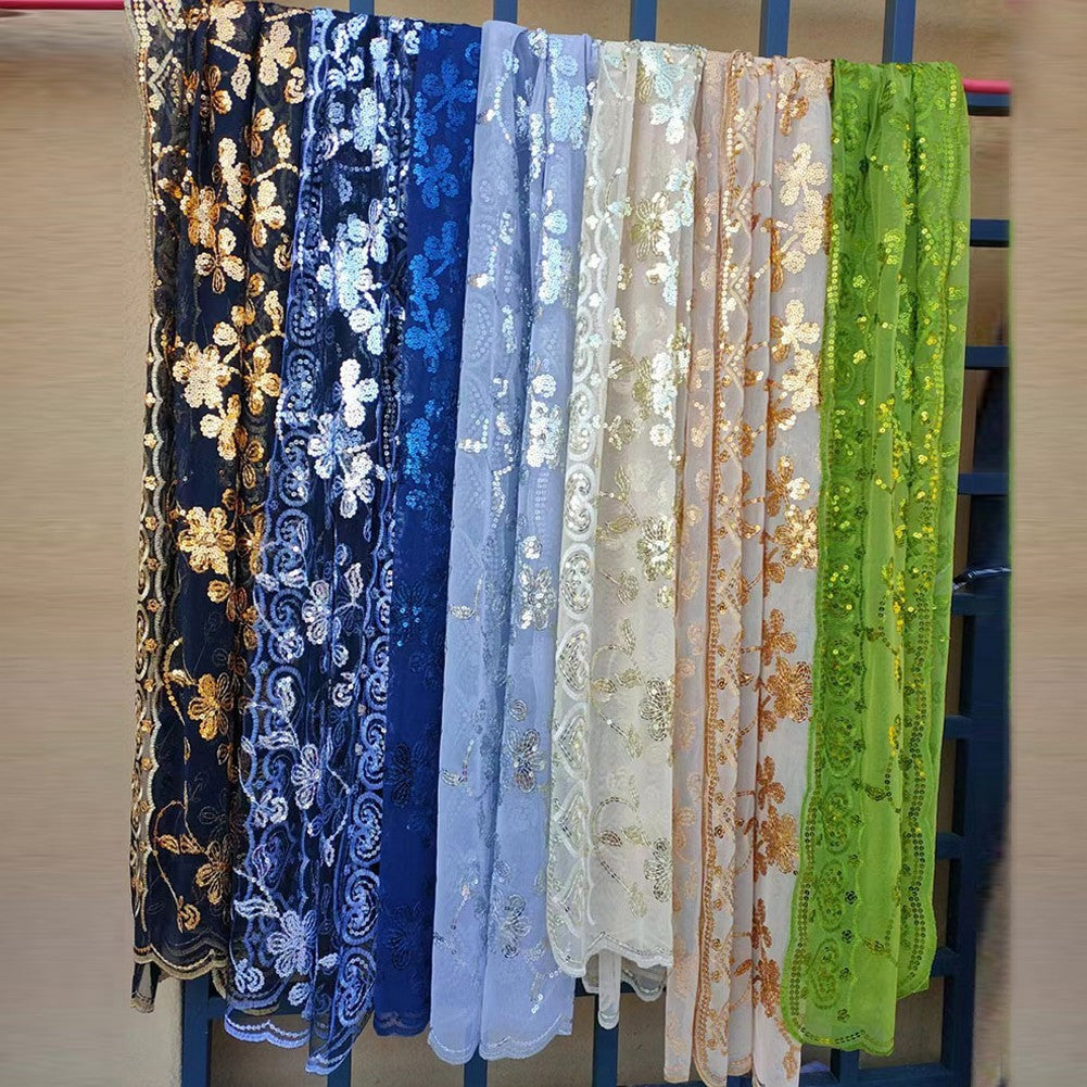Elegant Sparkly Sequin Sheer Tulle Lace Embroidery Scarf Wrap for Formal Events