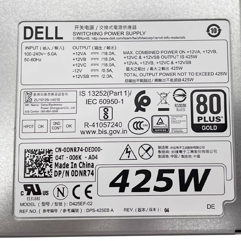 1Pcs FOR Dell T5810 Power Supply 425W T7810 Power Supply D425EF-02 0DNR74 0YFY1V