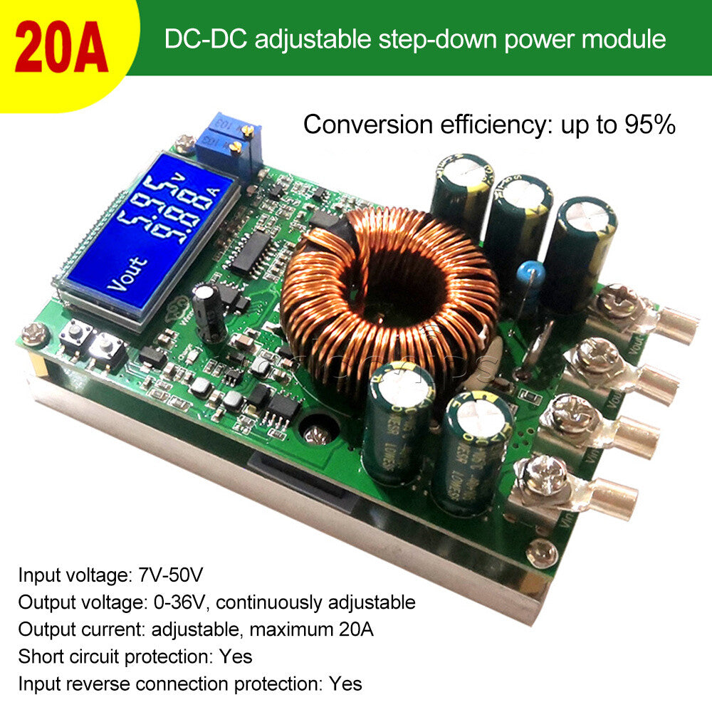 DC7V-50V to DC 0V-36V 20A LCD Adjustable Step-down Power Supply Converter Module