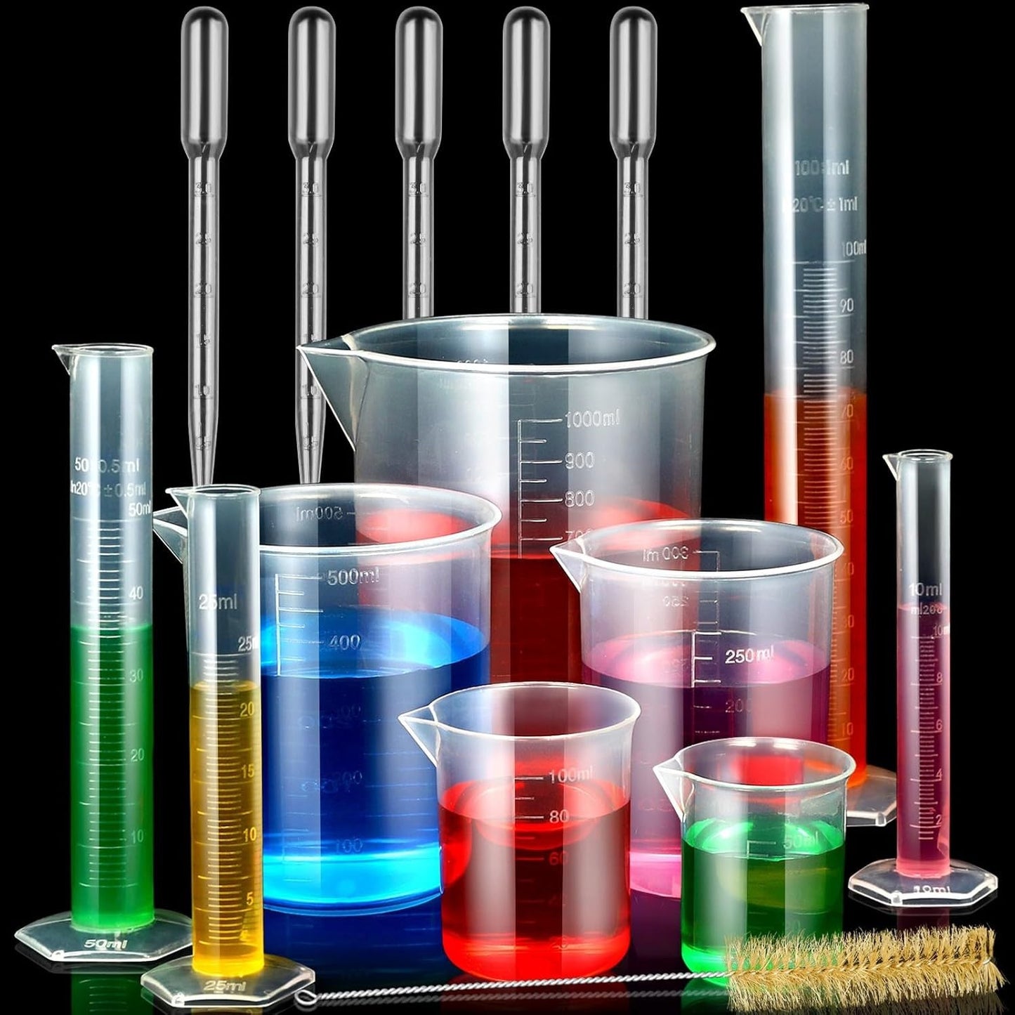 Plastic Graduated Cylinders and Beakers with 5 Pipettes, 10Ml 25Ml 50Ml 100Ml Cy