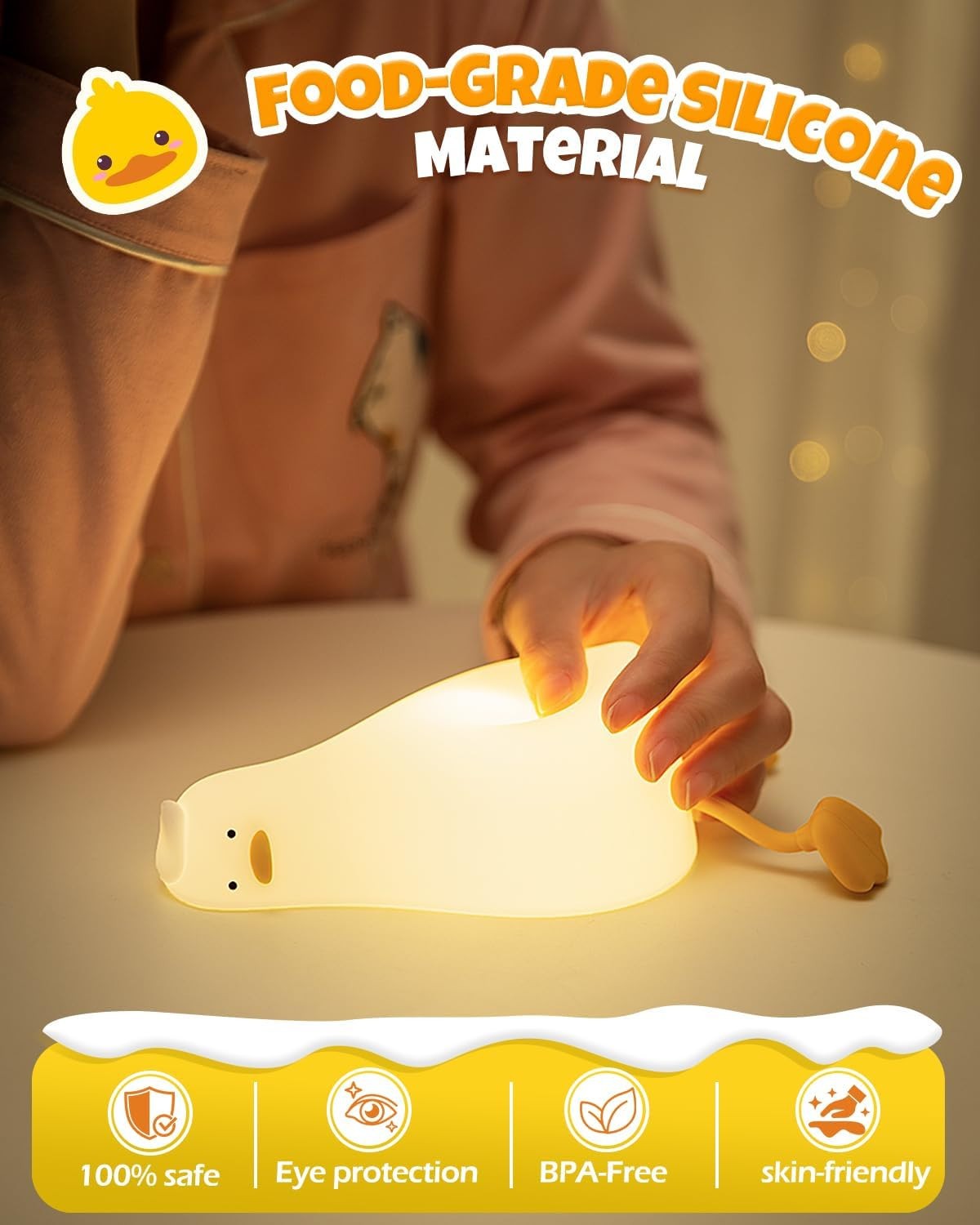 Cute Duck Night Light, Animal Lamp, Food Grade Silicone, Rechargeable, 3 Level D