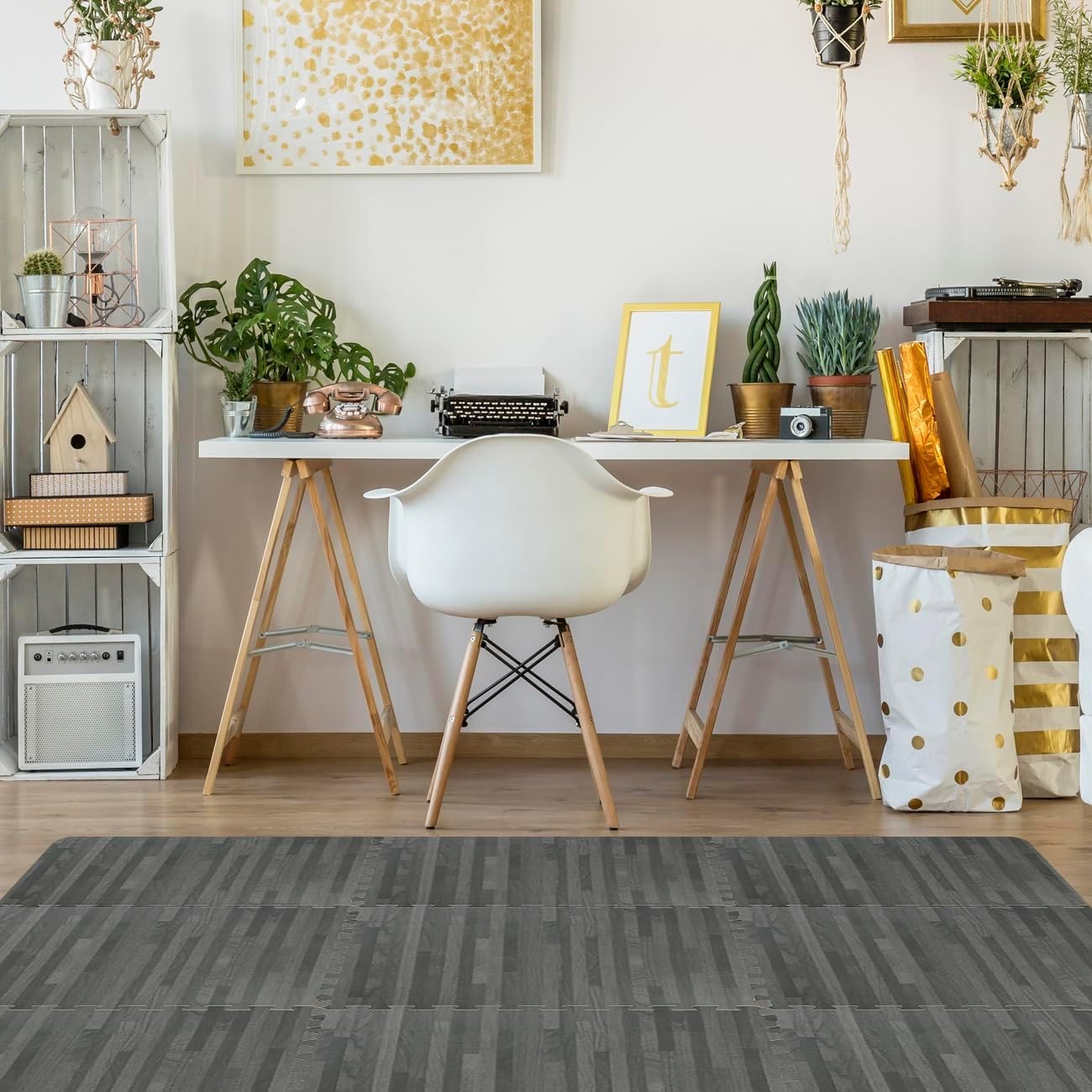 Interlocking Floor Tiles, Wood Grain, EVA Foam, 3/8-Inch Thick