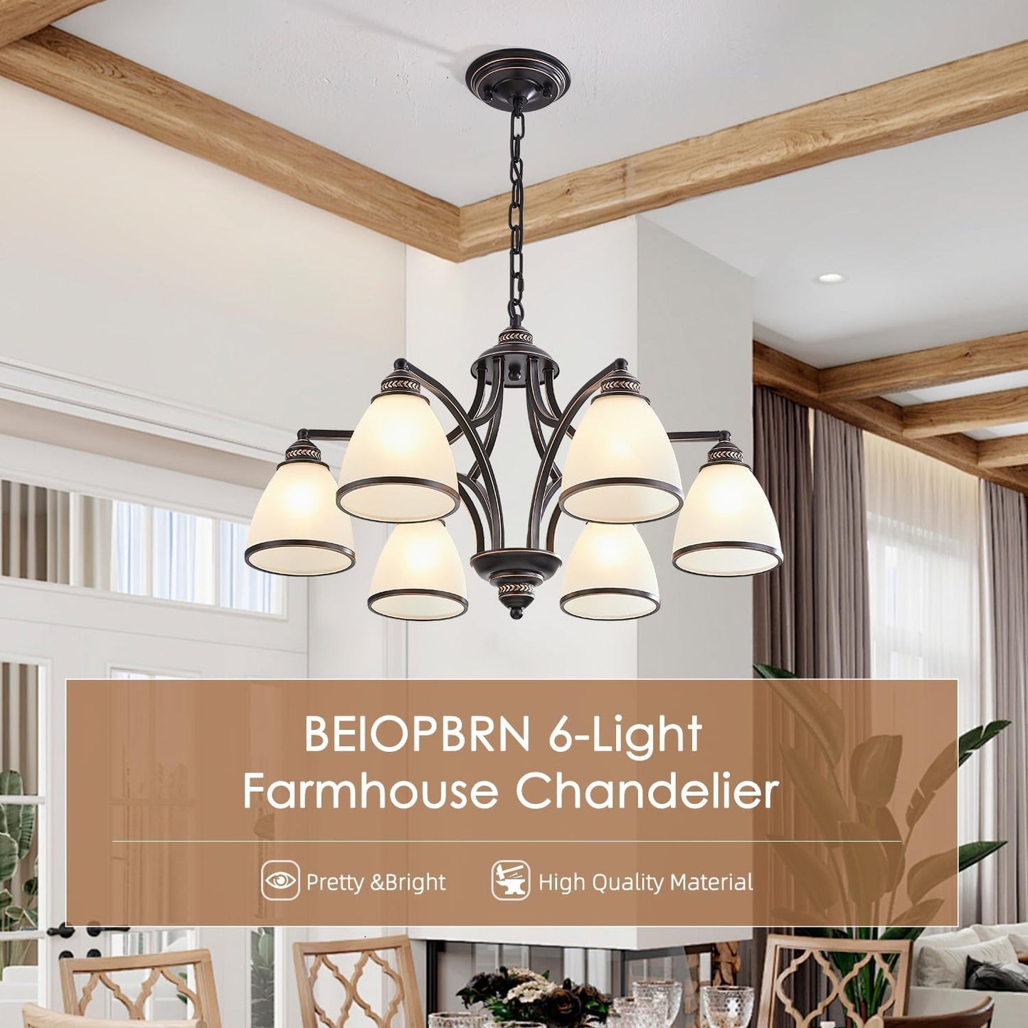 6-Light Chandelier with Frosted Glass, Black and Gold Strokes, 30 Inch
