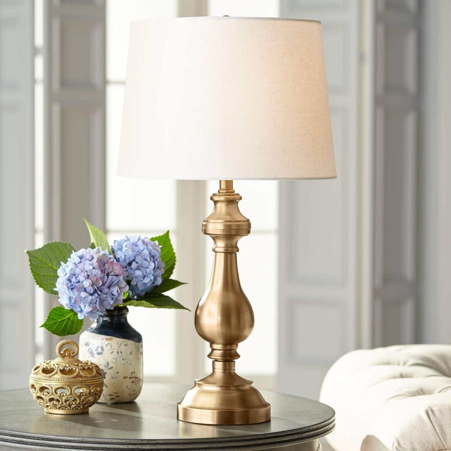 Traditional Table Lamp, 26 Inch, Antique Brass - Drum Shade, Bedroom Decor
