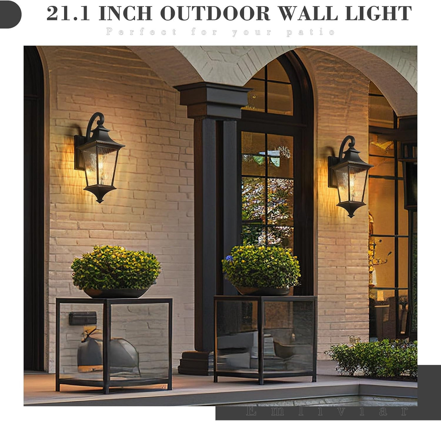 21.1 Inch Black Outdoor Wall Light with Water Ripple Glass, for Porch Garage