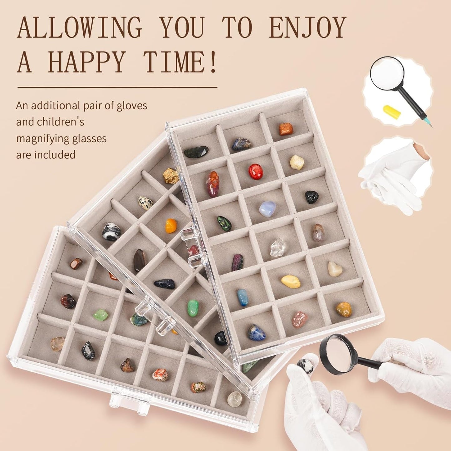Acrylic Rock Display Case,54 Grids Rock Collection Box for Kids with Mini Magnif