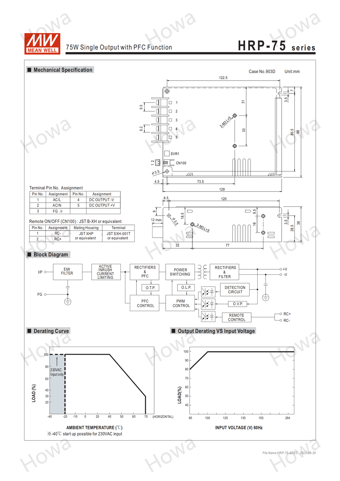 Mean Well Switching Power Supply Module HRP-75 5V12V24V36V48V 75W with PFC