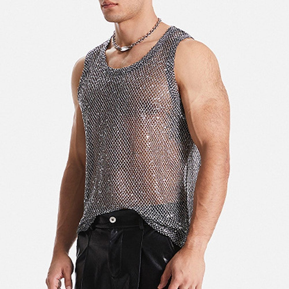 Men's Black Fishnet Party Tops Sexy Glitter Sheer See Through Tank Sizes S 3XL