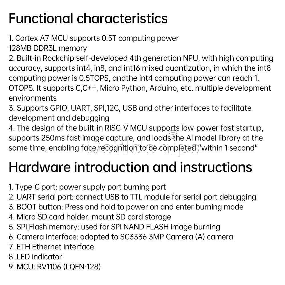 Type-C RV1106 RISC-V Architecture 256MB Flash AI Micro Development Board