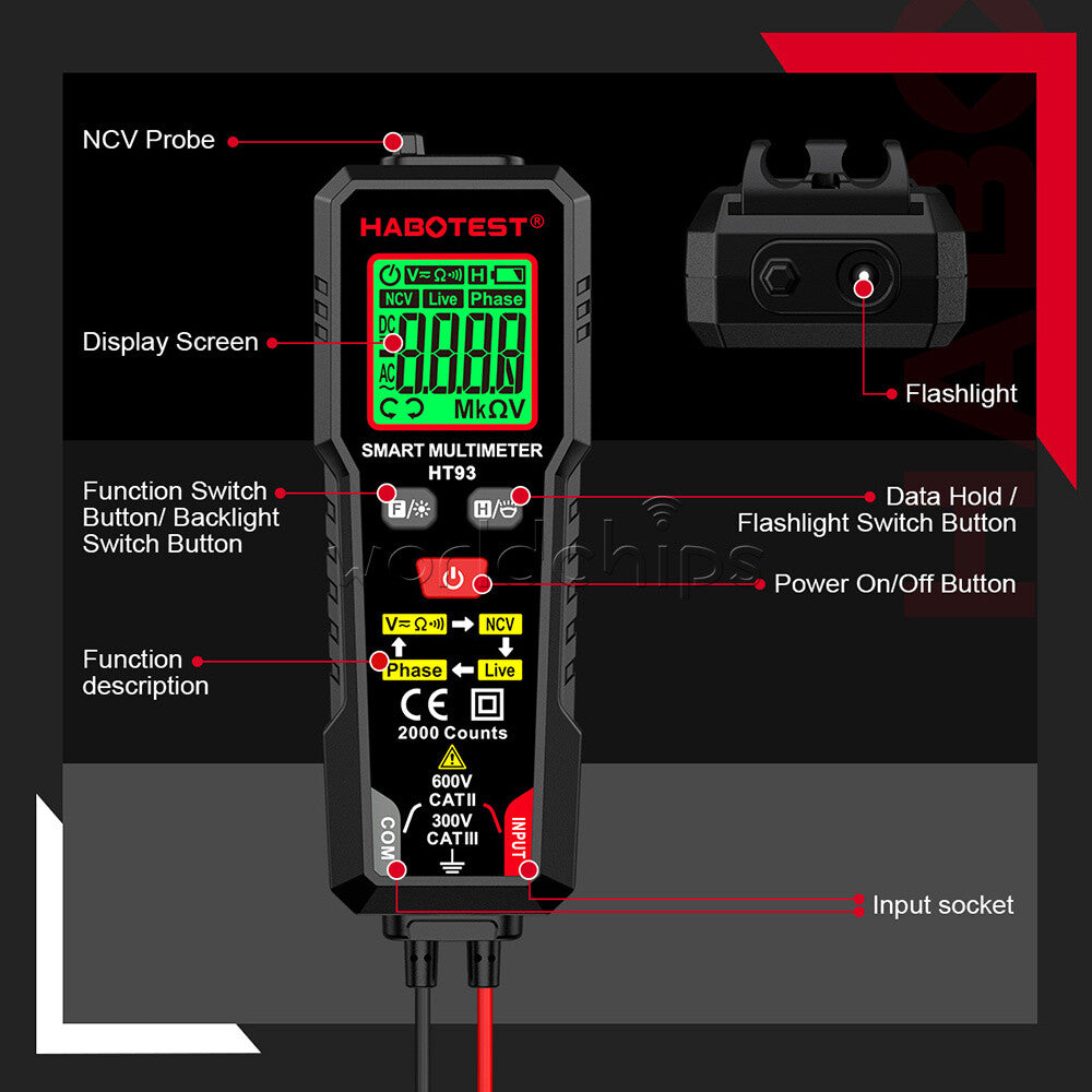 HABOTEST HT93 Digital Multimeter Smart Meter 2000 Counts Volt AC/DC NCV Tester