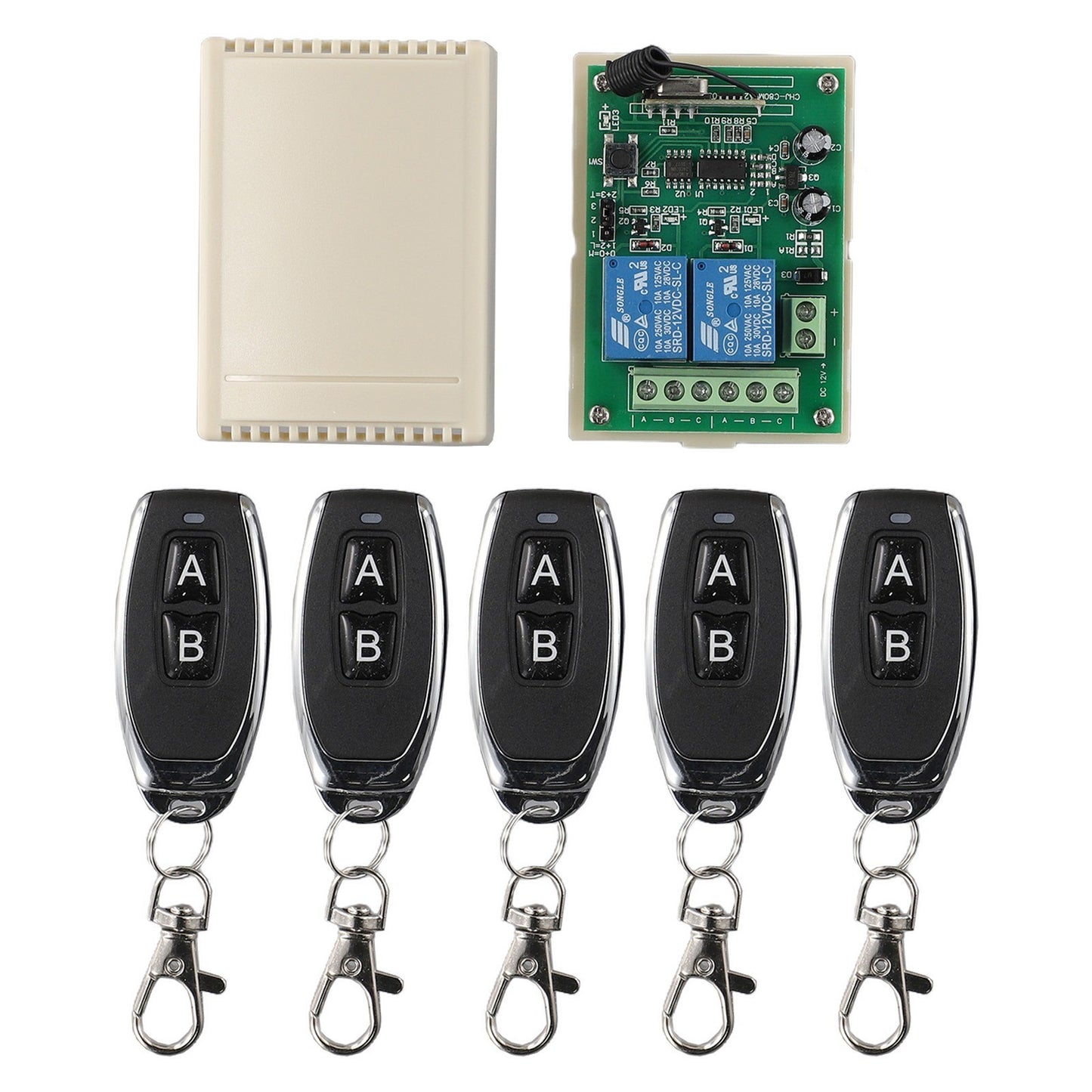 2CH 433MHz Relay 5pcs Wireless Remote Control Switch Transmitter & 1x Receiver