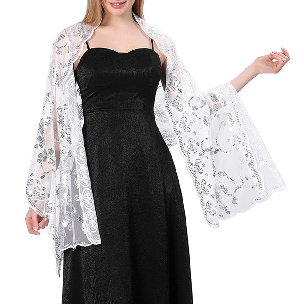 Elegant Sparkly Sequin Sheer Tulle Lace Embroidery Scarf Wrap for Formal Events