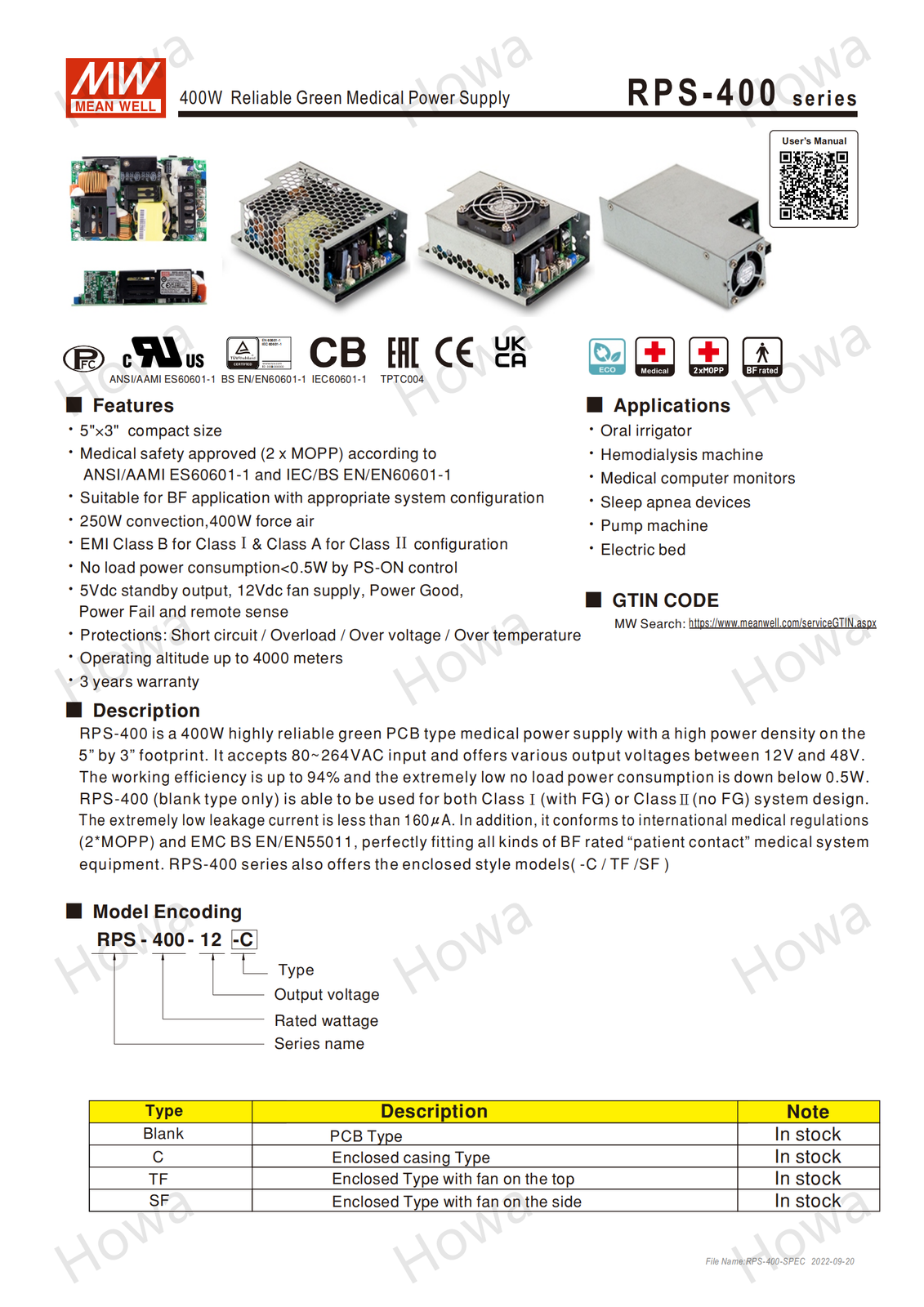 Mean Well RPS-400 Switching Power Supply Medical PCB Type 400W 12V15V24V48V36V