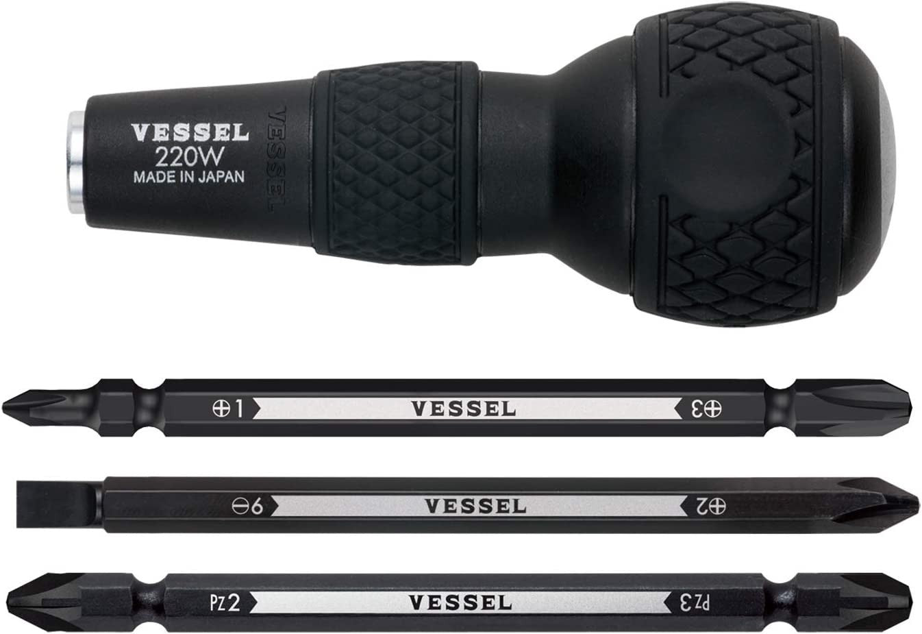 BALL GRIP 1/4" Hex. Bit Interchangeable Screwdriver (Bit 3PC. (+1, +3 / +2, -6 /