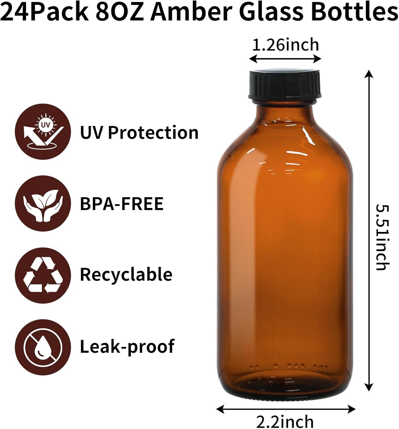 24 Pack 8oz Amber Glass Boston Round Bottles, Airtight, Leak-Proof,Phenolic Caps