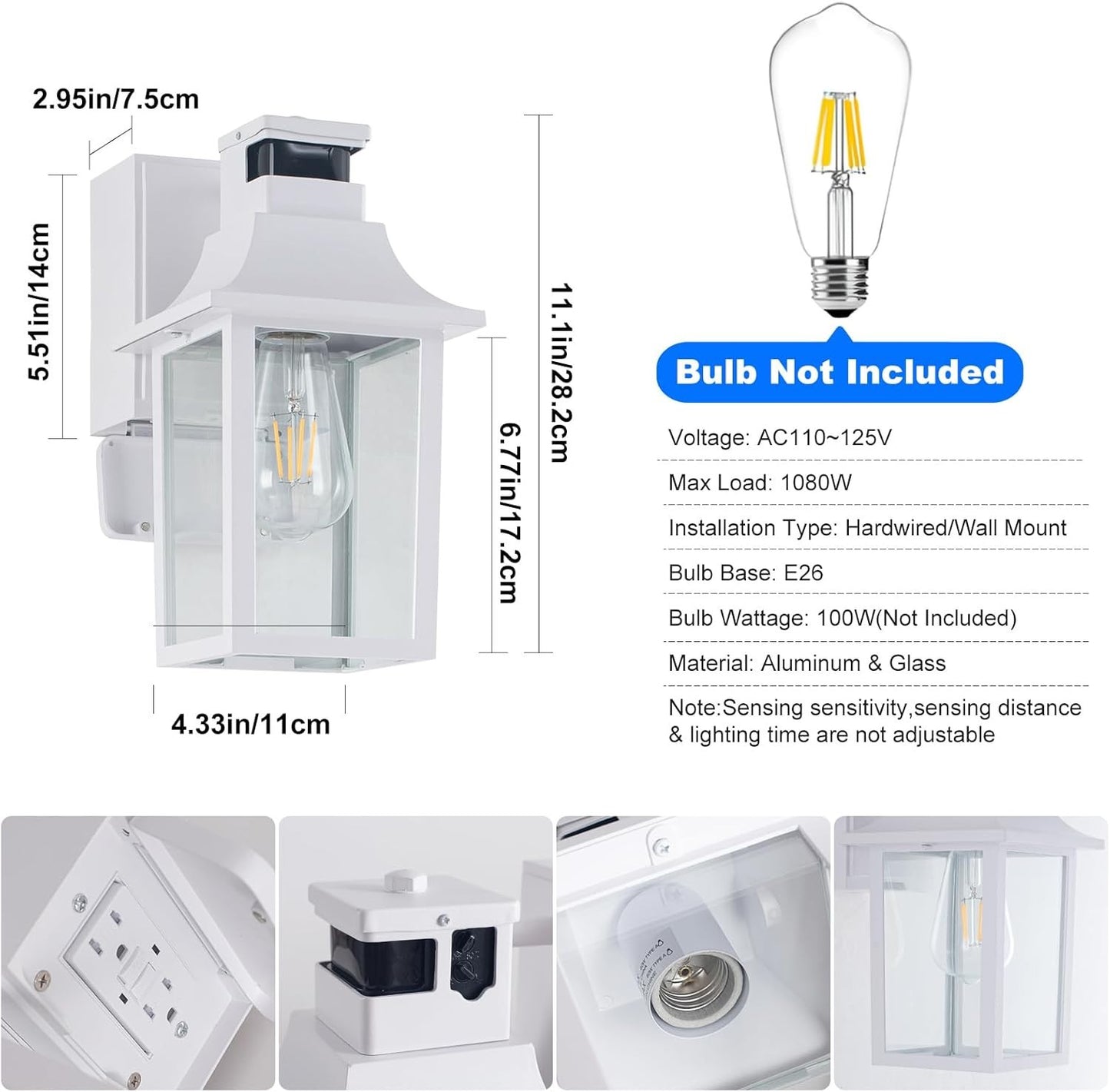 2-Pack White Porch Lights with GFCI Outlet, Dusk to Dawn Motion Sensor