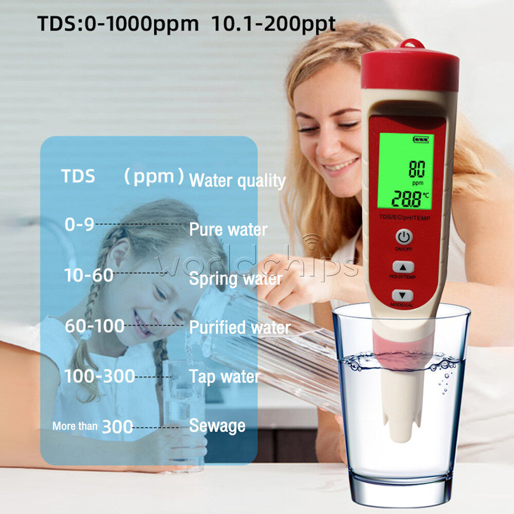 4-In-1 PH TDS EC Temperature Meter Tester Water Quality Test Pen for Hydroponic