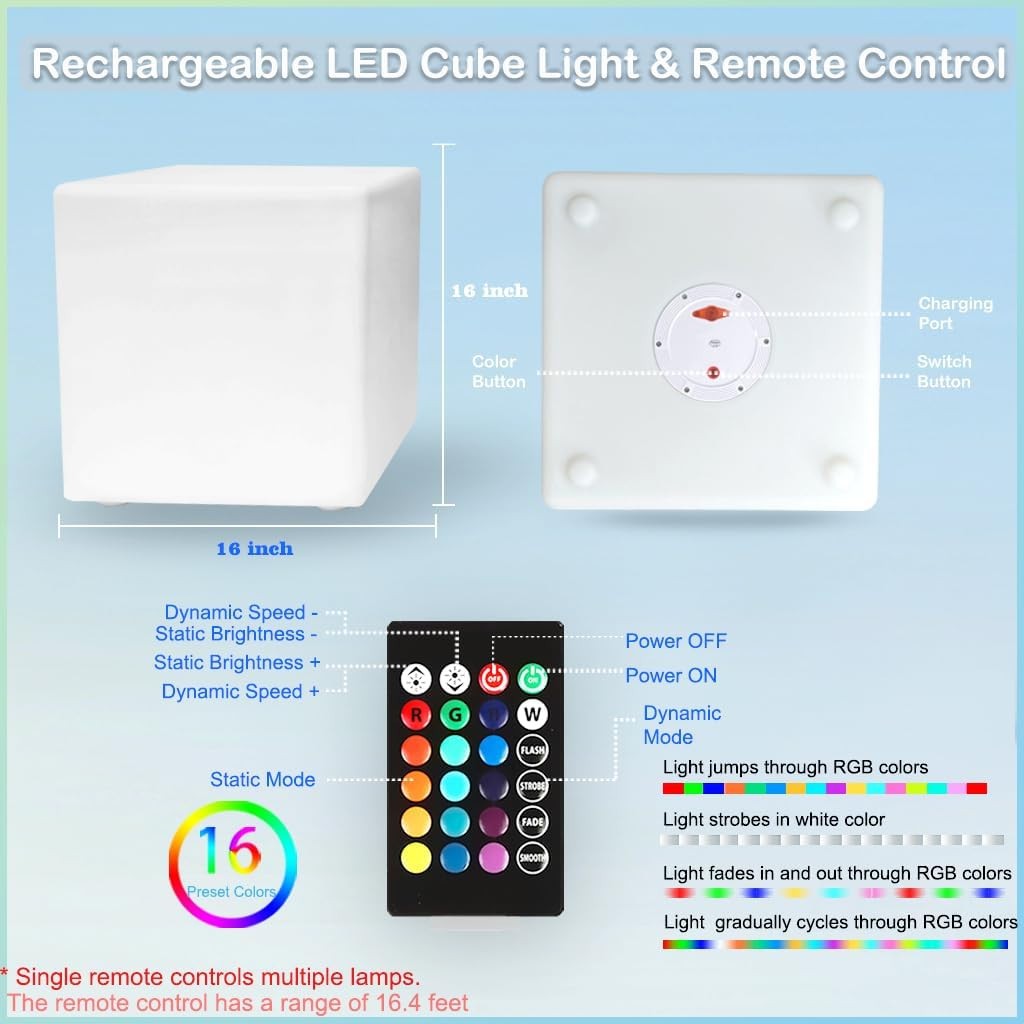 16 Inch Rechargeable LED Cube Light with Remote, 16 Colors Dimmable