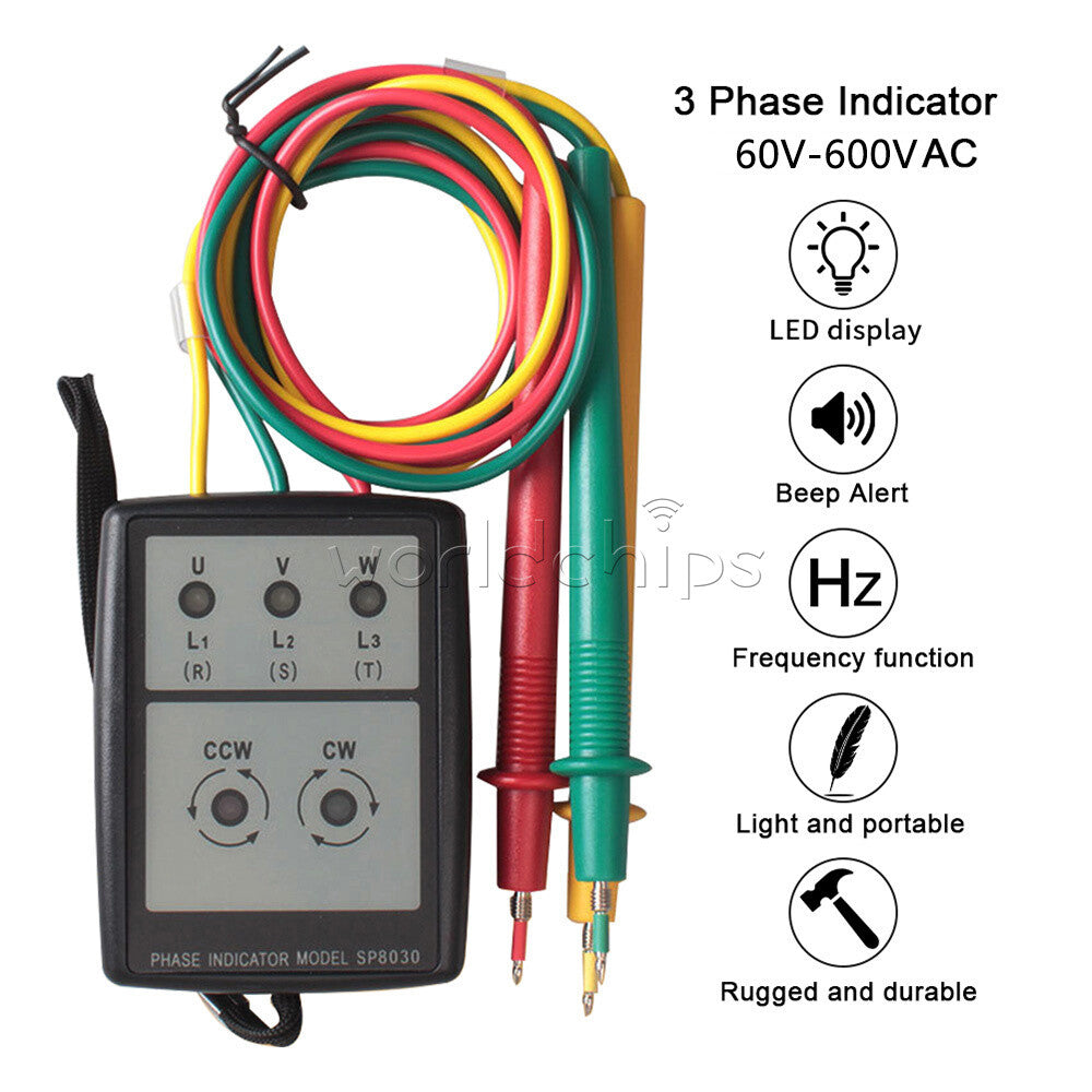 SP8030 Smart LED 3 Phase Indicator Tester Detector Meter AC Phase Sequence Meter