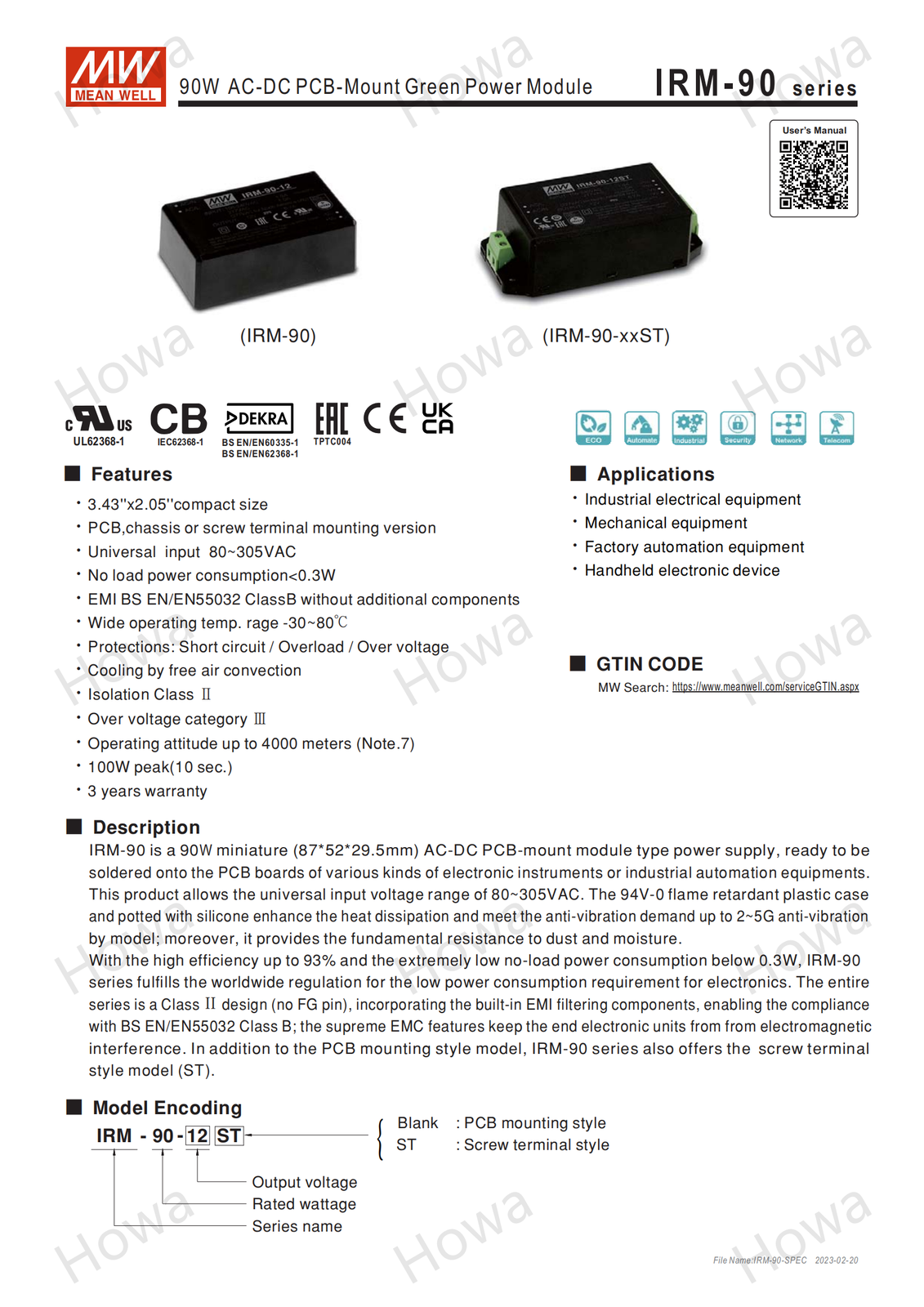 Mean Well IRM-90-ST switching power supply 15/12V24V48 terminal type 90W module