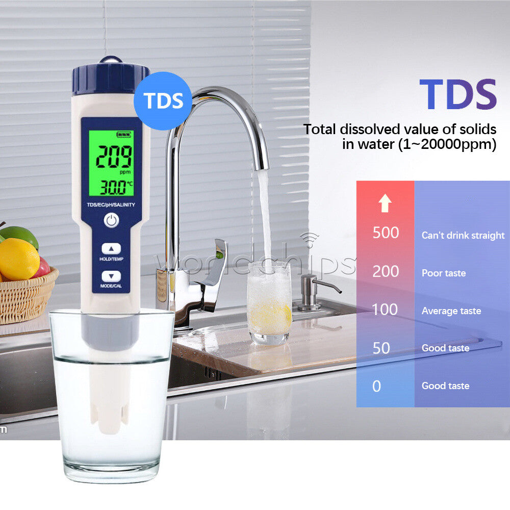 5in1 TDS/EC/PH/Salinity/Temperature Meter Digital Water Quality Monitor Tool