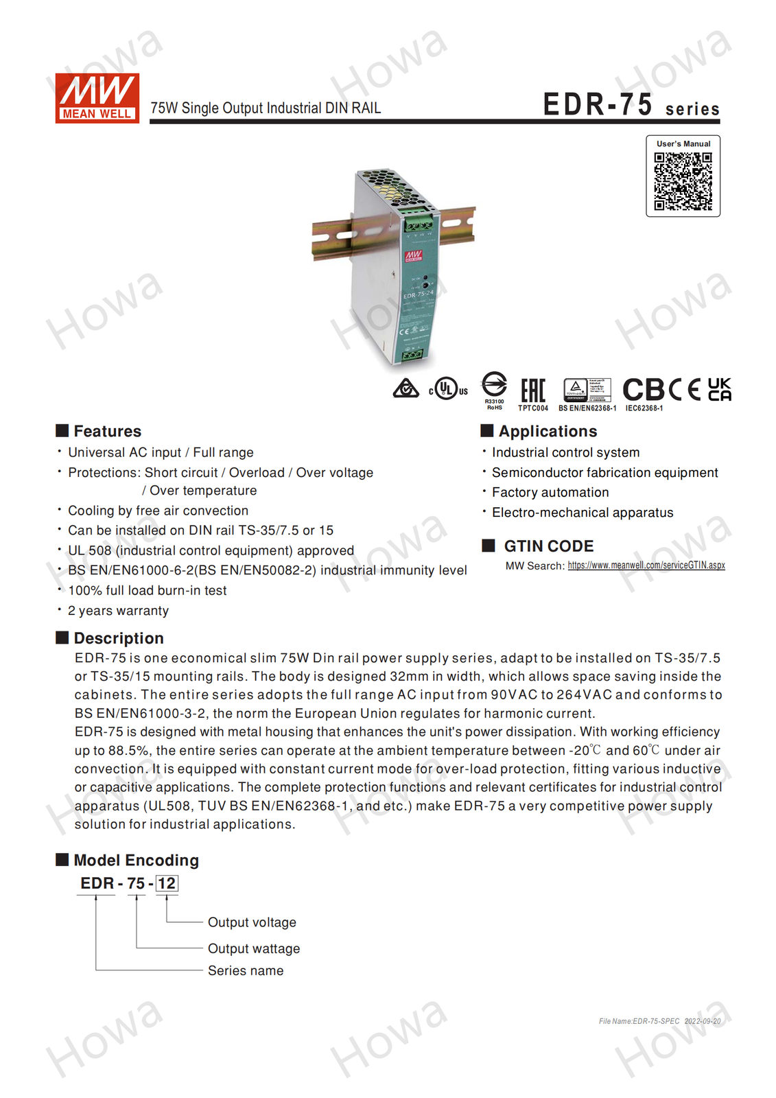 Mean Well EDR-75-48 AC/DC DIN rail power supply 75W 48V 1.6A