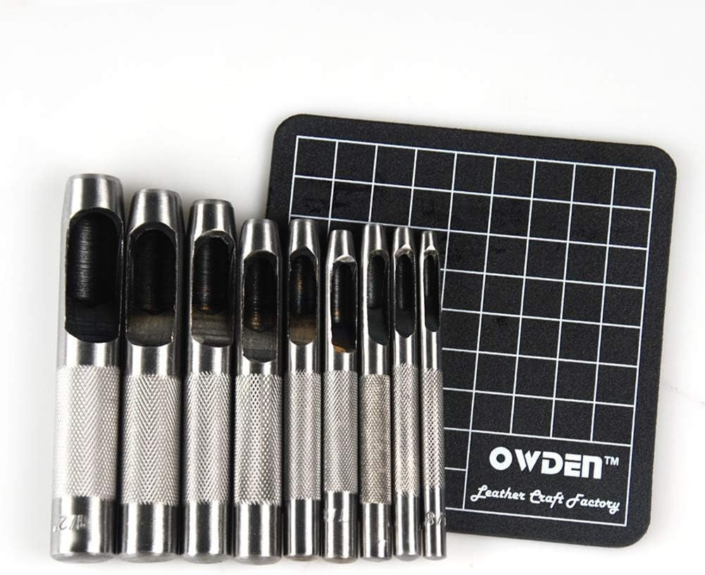 OWDEN 9 Pieces Hollow Punch Set (1/8"-1/2") with a Free Cutting MAT, Leather Hol