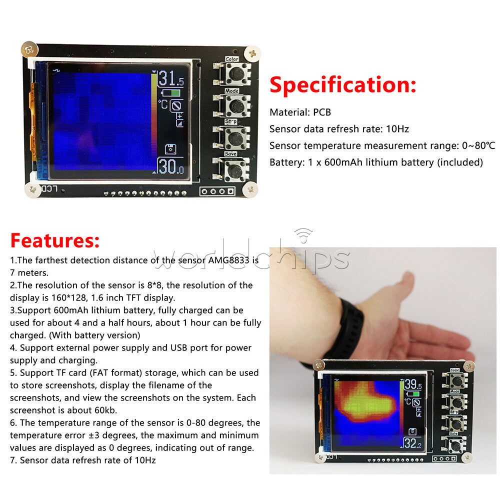 AMG8833PRO 1.6inch TFT Infrared Thermal Imager Handheld Thermograph Camera 0-80℃