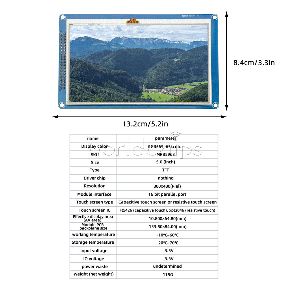 5.0" TFT LCD Color Display Module 800x480 Touch Screen Support SD Card Board