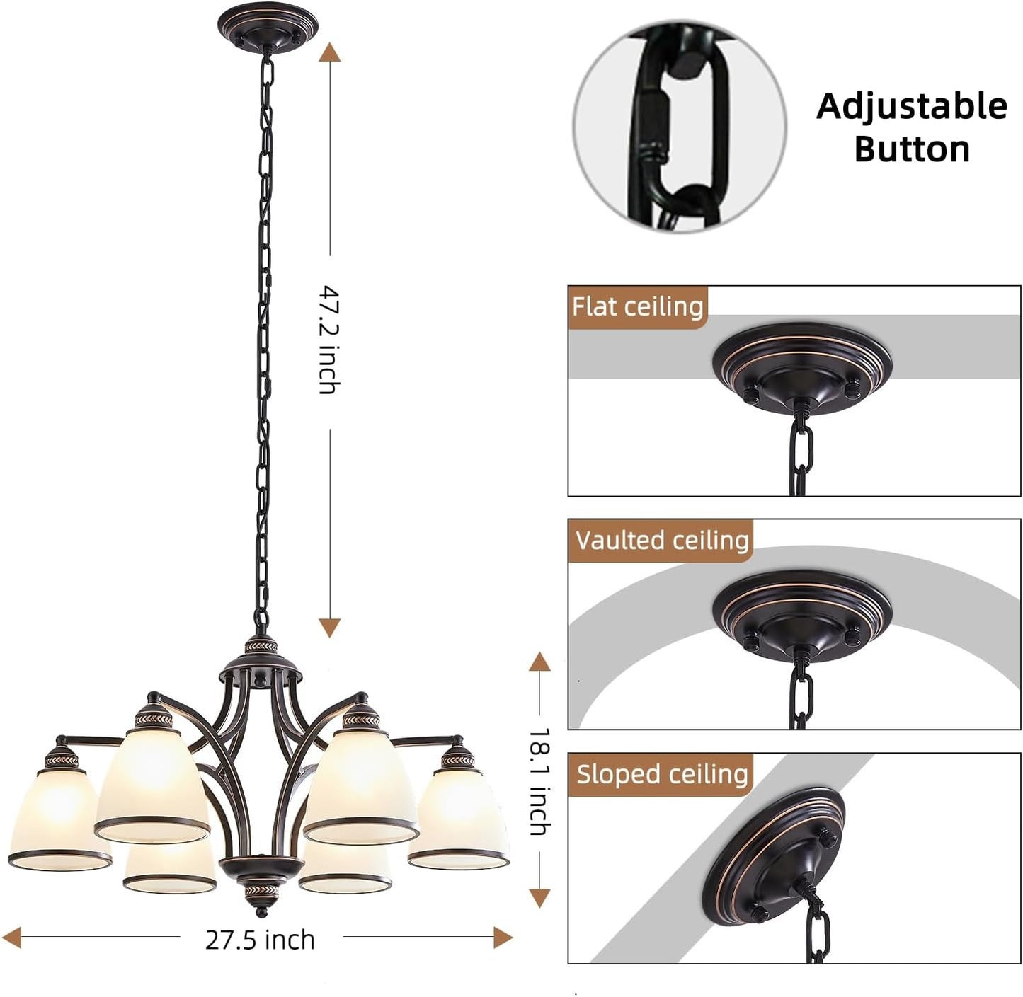6-Light Chandelier with Frosted Glass, Black and Gold Strokes, 30 Inch
