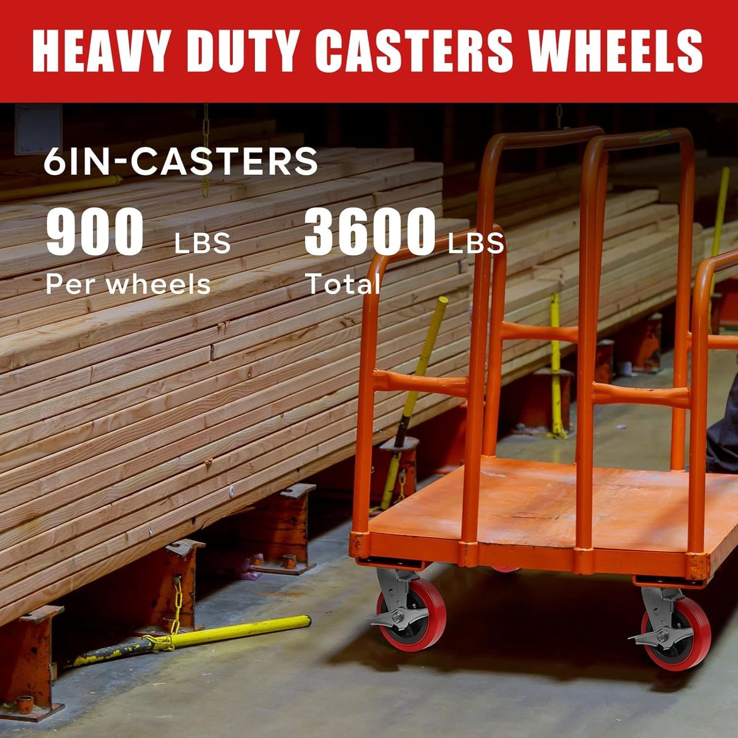 6"x2" Heavy Duty Casters, Set of 4 - 3600 lb Capacity, Polyurethane