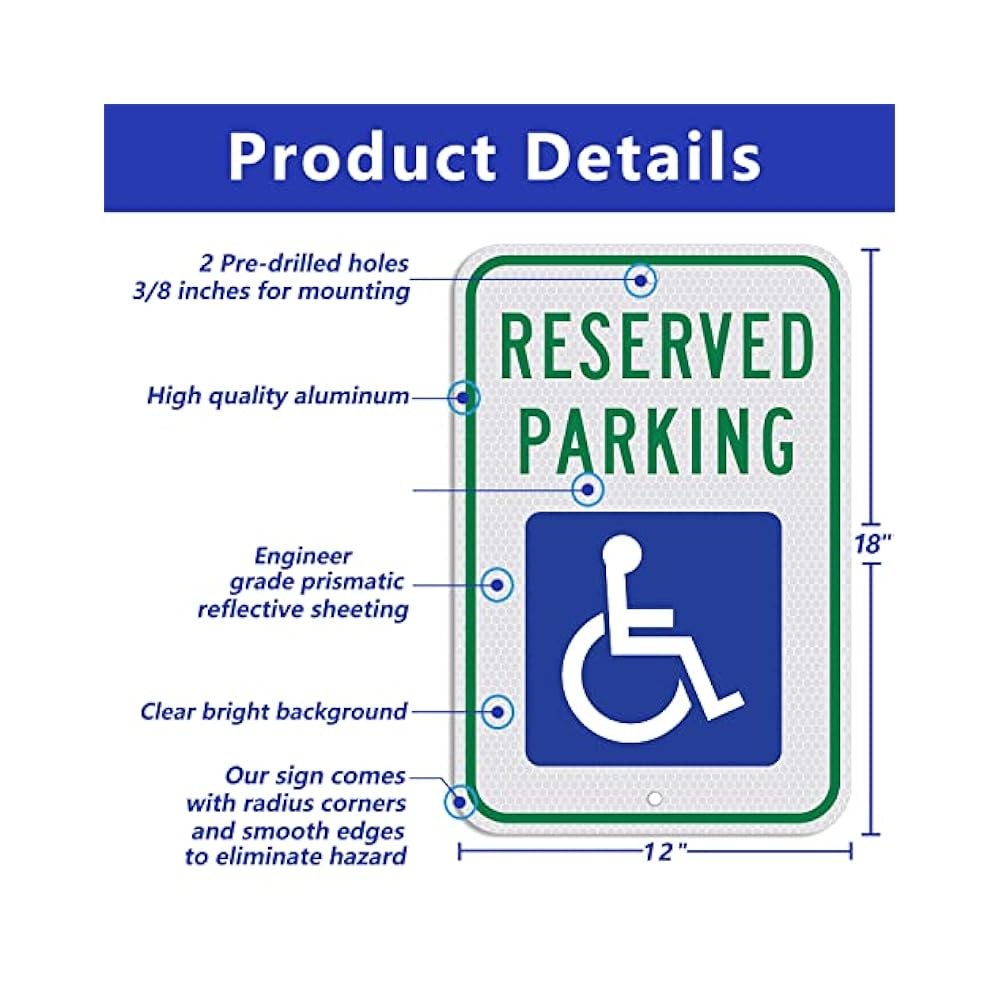 18x12 Inch Handicap Parking Sign, ADA Symbol, Reflective Aluminum, Weatherproof