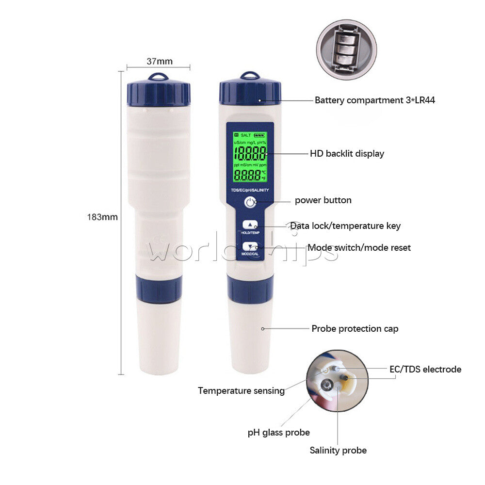 5in1 TDS/EC/PH/Salinity/Temperature Meter Digital Water Quality Monitor Tool