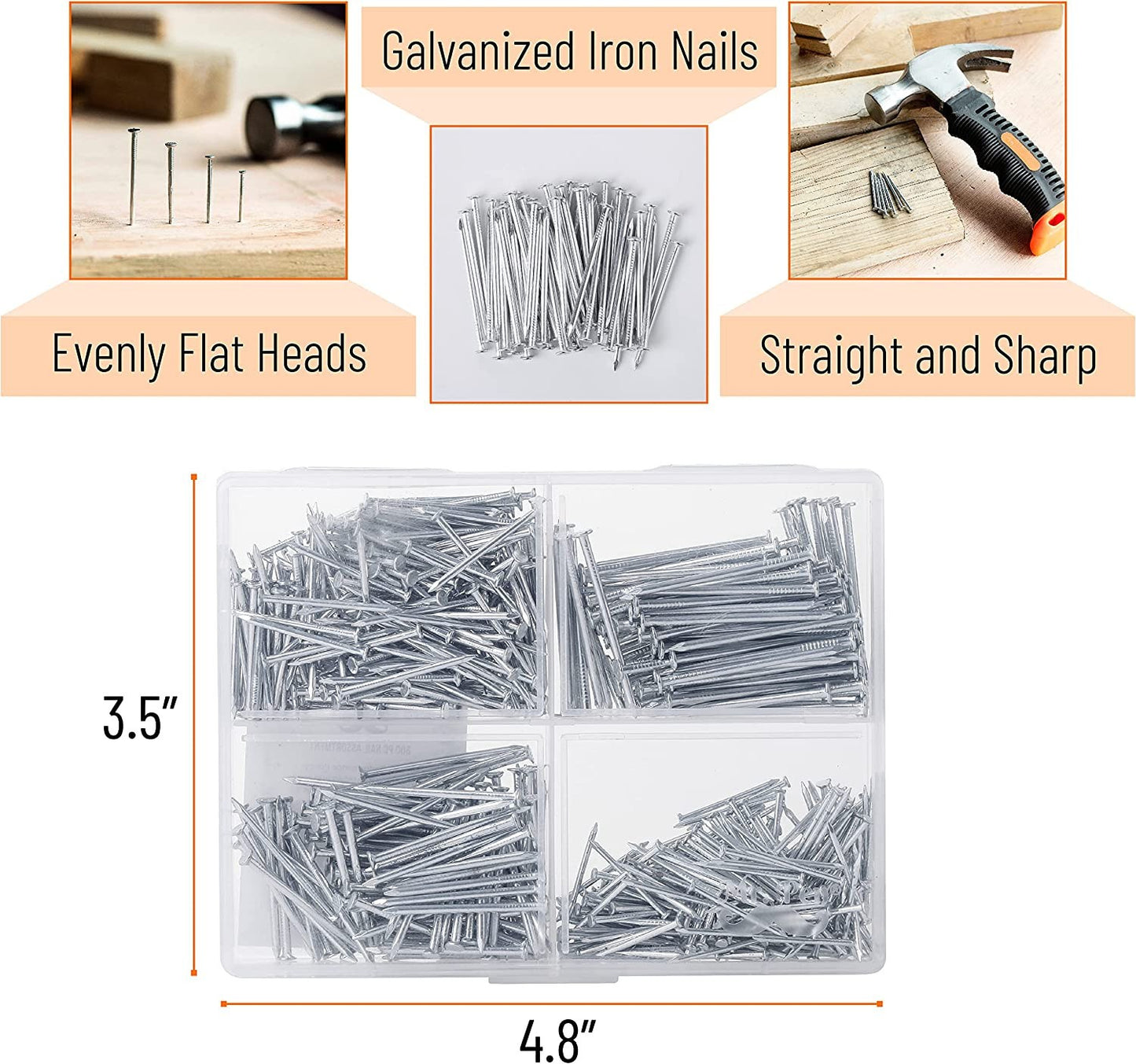 600-Piece Nail Assortment Kit, 4 Sizes, Silver, for Hanging Pictures, Finishing