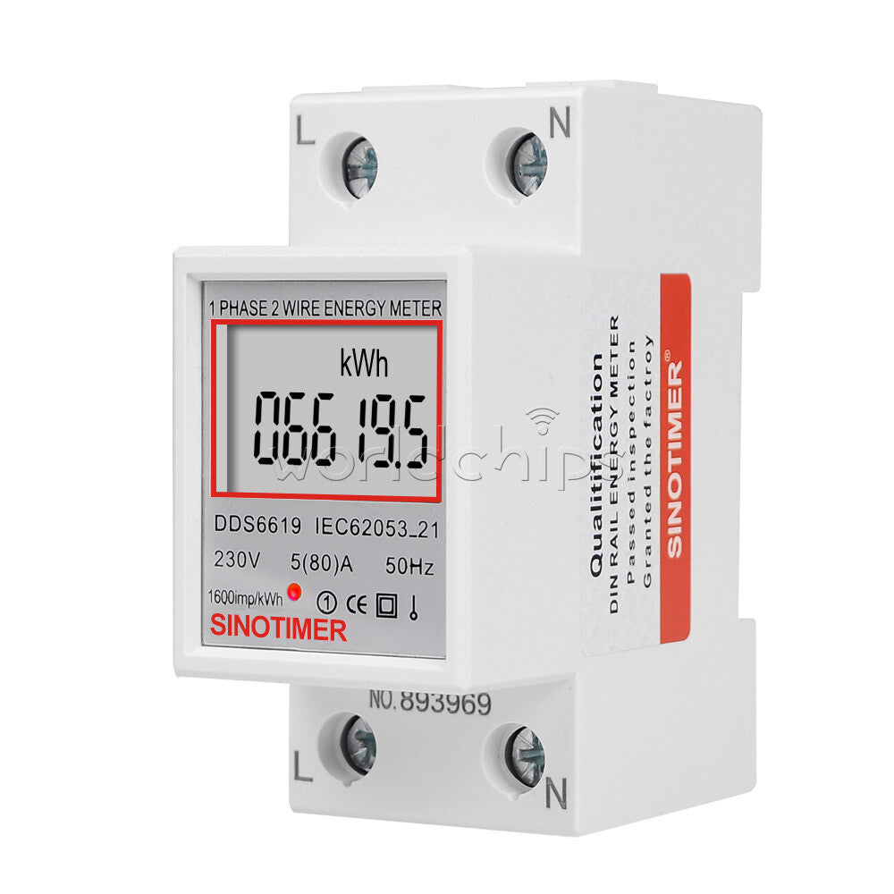 DDS6619 5-80A 230V LCD Digital Single Phase Energy Watt KWh Meter DIN Rail Mount