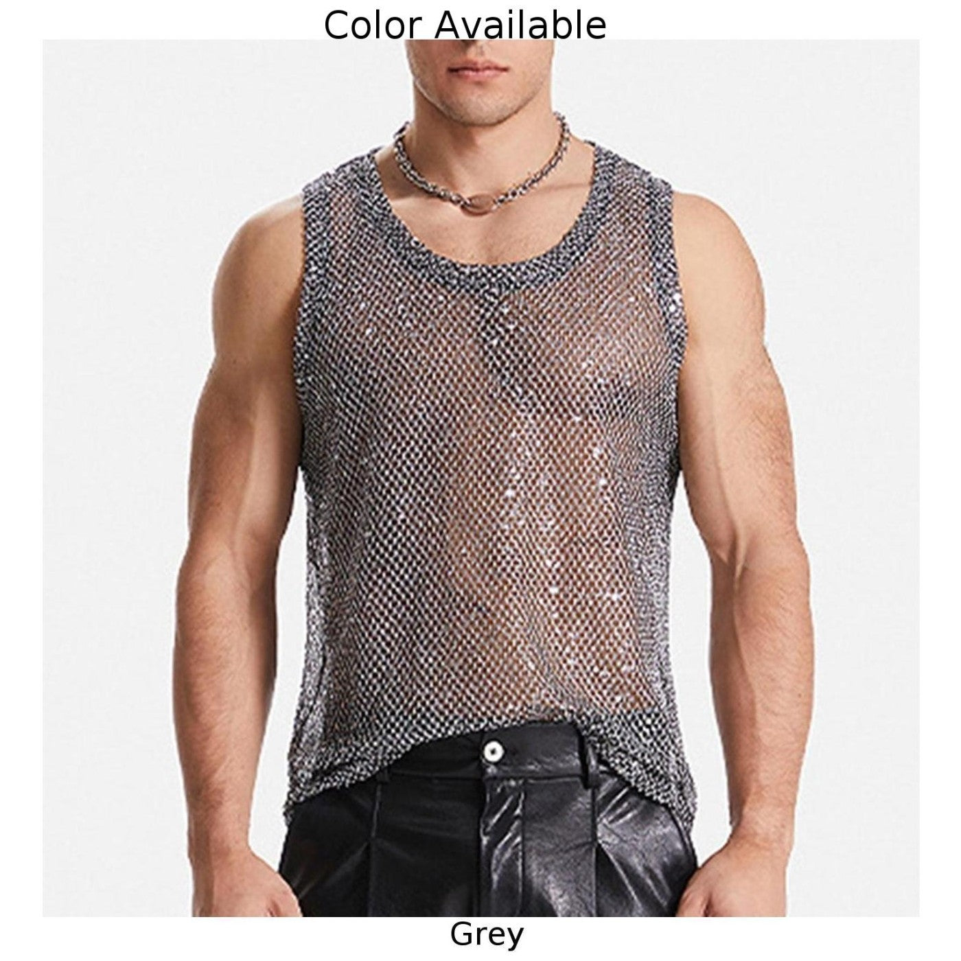 Men's Black Fishnet Party Tops Sexy Glitter Sheer See Through Tank Sizes S 3XL