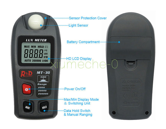 0~200,000lux Range Light Meter Illuminometer lux/fc Photometer Tester