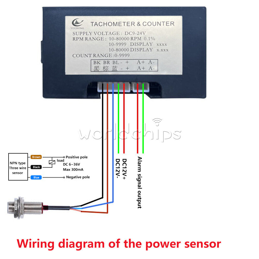 YH-TC01 DC9-24V 4-digit 0.56" Digital Tachometer Sensor Motor Tachometer Meter