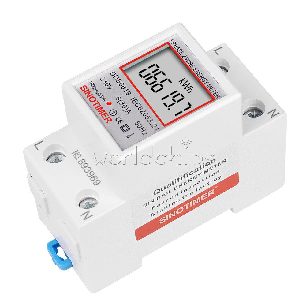 DDS6619 5-80A 230V LCD Digital Single Phase Energy Watt KWh Meter DIN Rail Mount