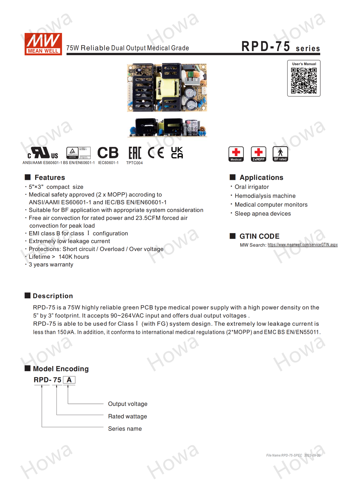 Mean Well Medical Power Supply RPD-75 A/B PCB Type Dual Group Output 5V 12V 24V