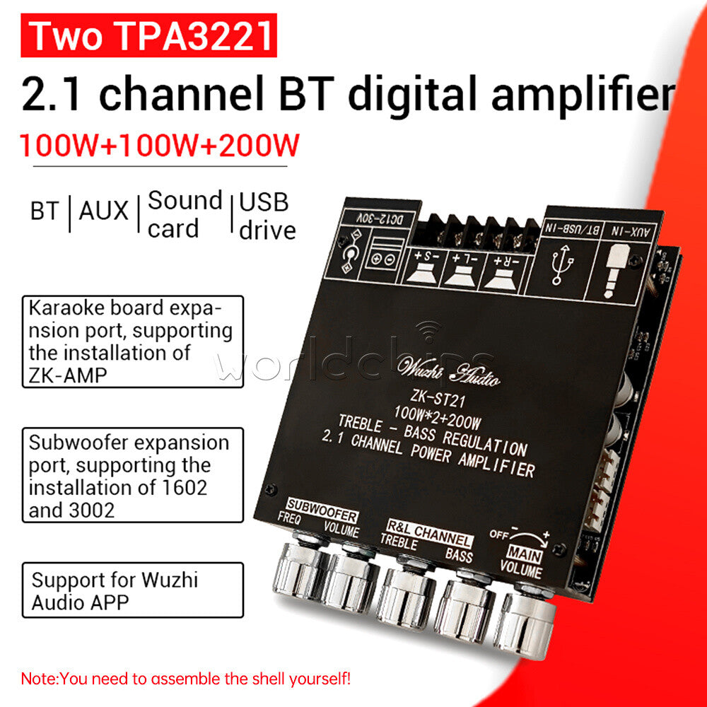 ZK-ST21 100W+100W+200W 2.1 Channel Bluetooth Digital Power Subwoofer Amplifier