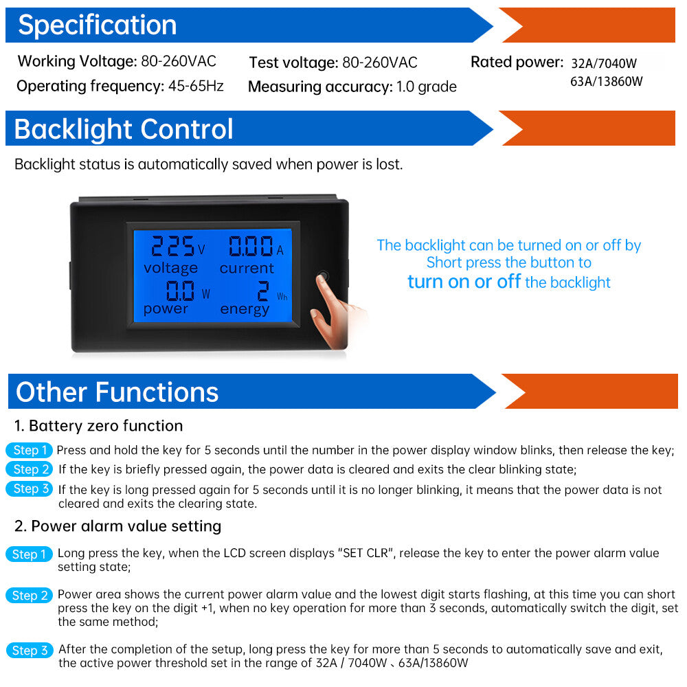 AC80V-260V Digital LED Display Voltmeter Ammeter Wattmeter Power Energy Meter