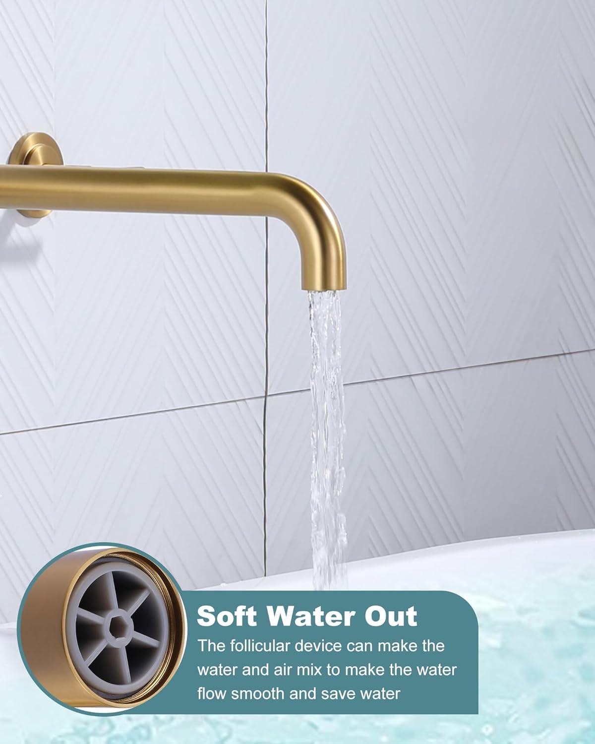 Gold Wall Mount Tub Faucet, Two Handles Solid Brass, Long Spout with Valve