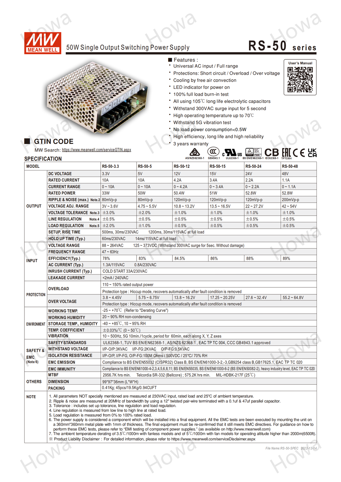 Mean Well RS-50 DC switching power supply 3.3/5/12/15/48V monitoring NES 1A3A10A