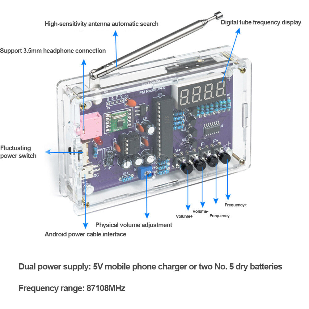 HU-017A RDA5807S FM Radio Kit Set Electronic DIY Parts 87-108MHz with/No Shell