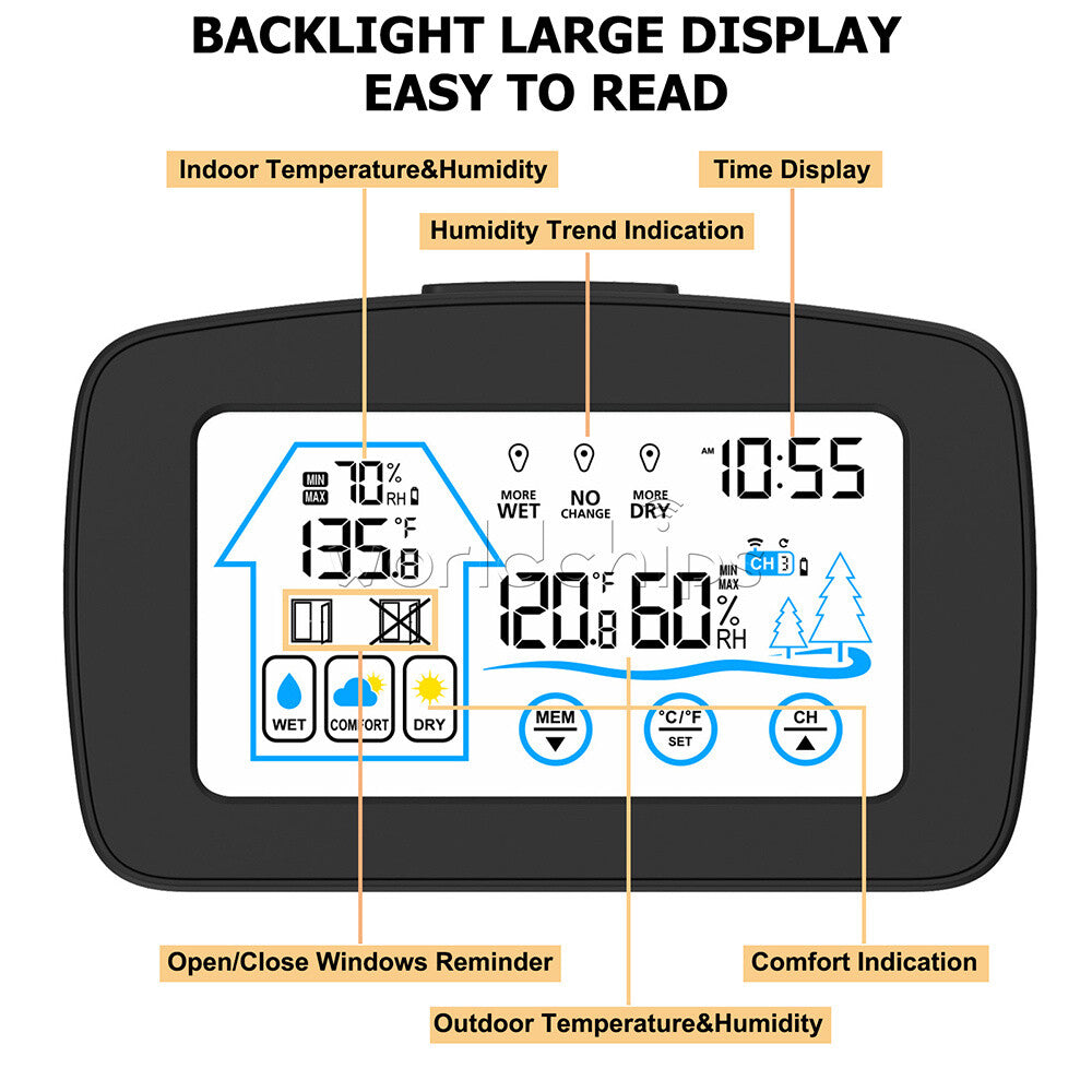 Wireless Indoor Outdoor Thermometer & Hygrometer Touch Screen LCD Humidity Gauge